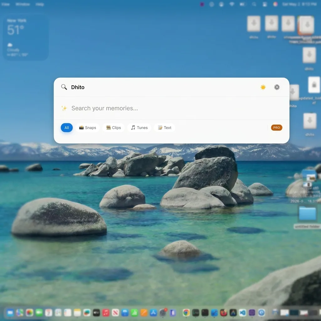 Dhito semantic file search app showing natural language query results on Mac